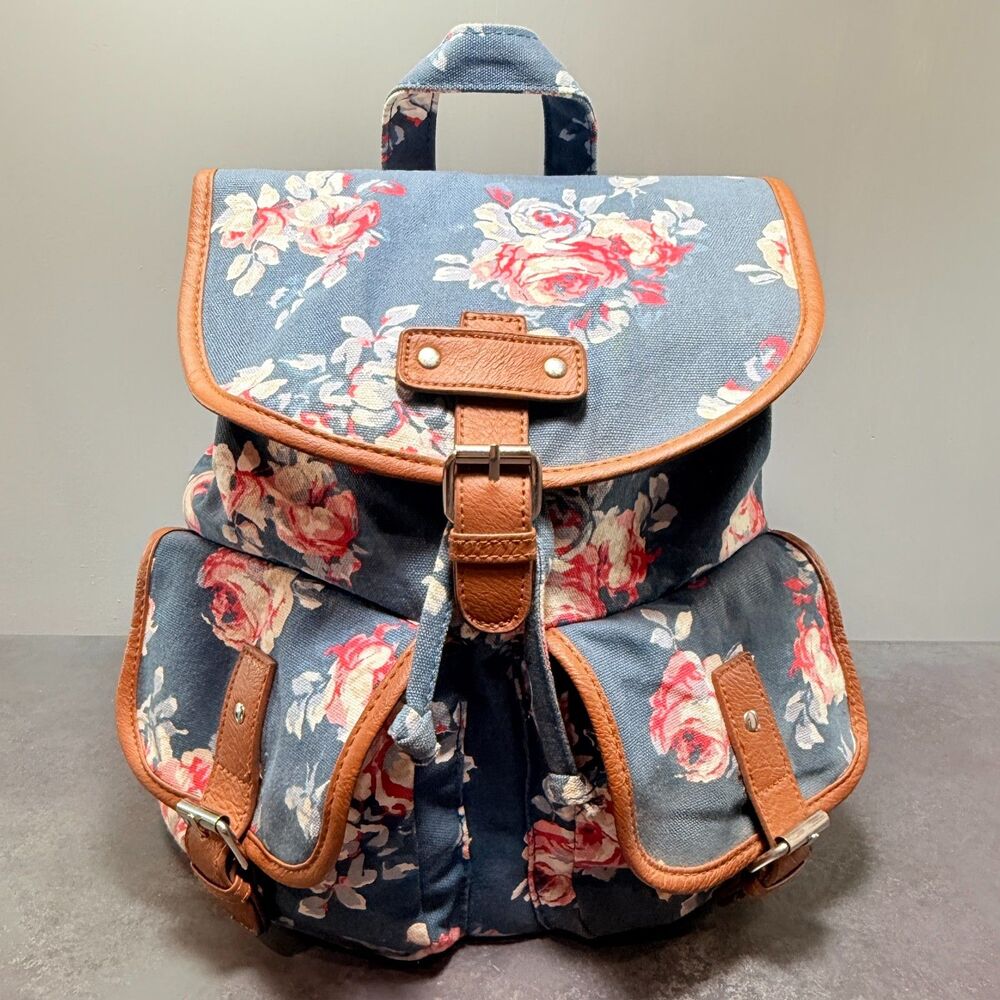 Candie’s Floral Canvas Cargo Pocket Backpack Blue Orange Y2K